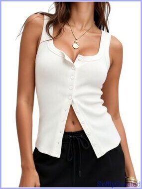 Ribbed Button Down Tank Top Square Neck Cropped Sleeveless Vest